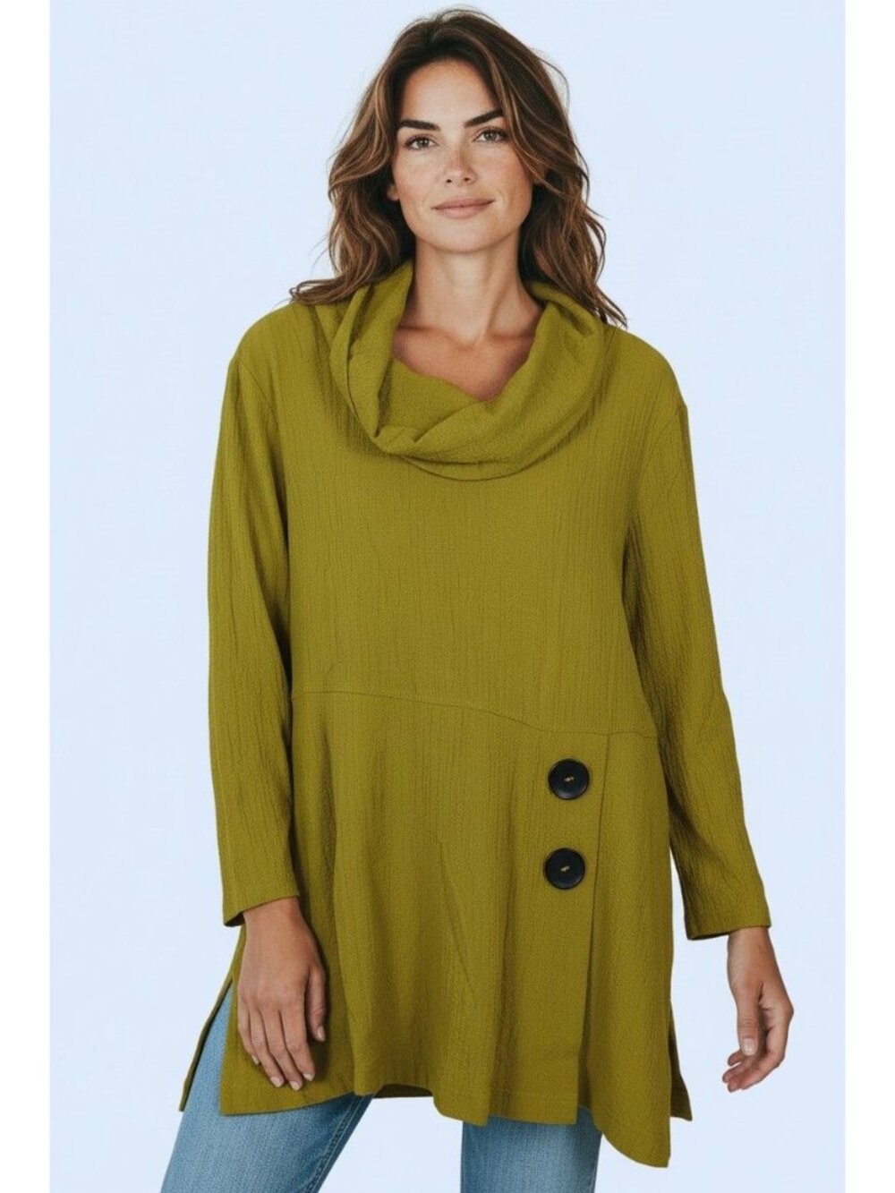 Ali Miles Womens Yellow Tunic Large Textured With Cowl Neck Button Detail